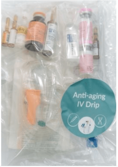 Anti-aging IV drip set with magnesium sulfate, vitamin B1, vitamin C, glutathione, and human placenta extract for beauty aesthetics.